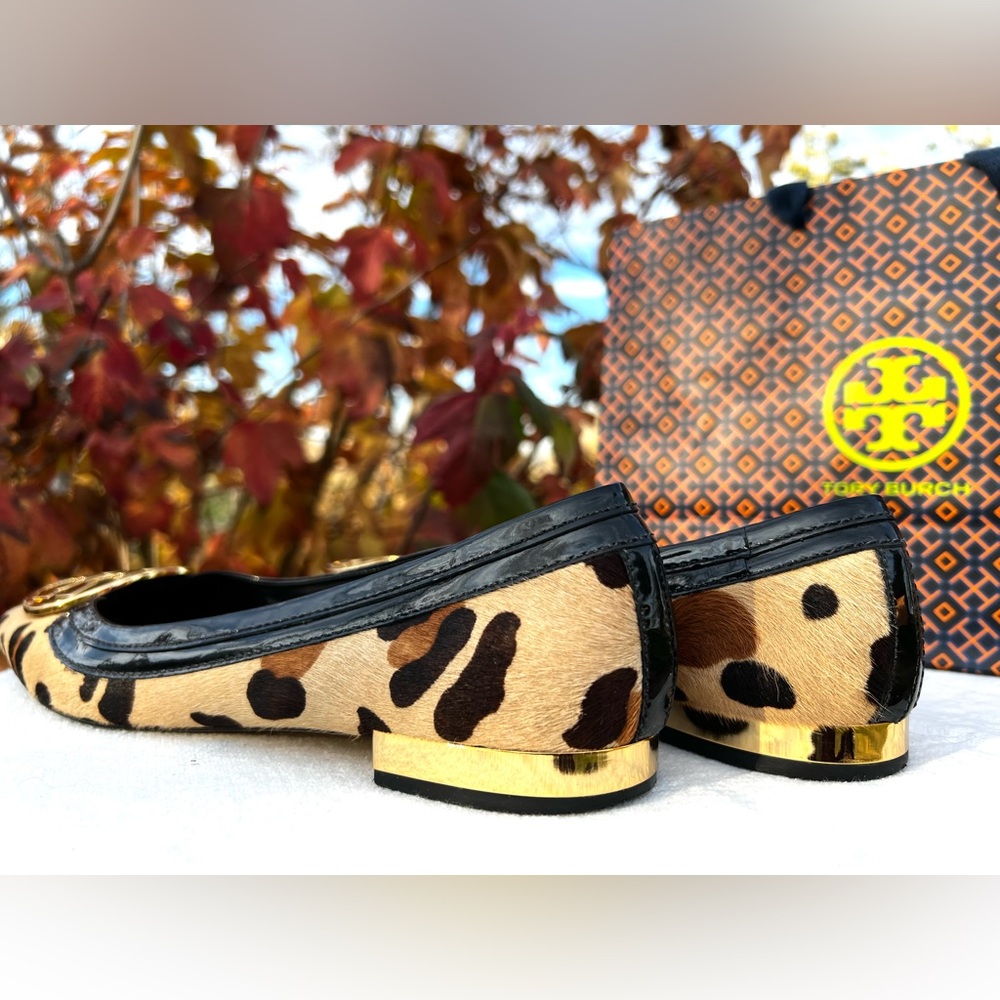 🦊 Tory Burch Rare! Leopard Calf Hair Square Toe Fancy Flats w/Gold Accents Sz9.5